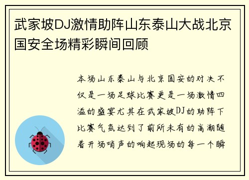 武家坡DJ激情助阵山东泰山大战北京国安全场精彩瞬间回顾
