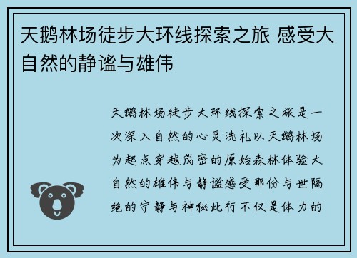 天鹅林场徒步大环线探索之旅 感受大自然的静谧与雄伟