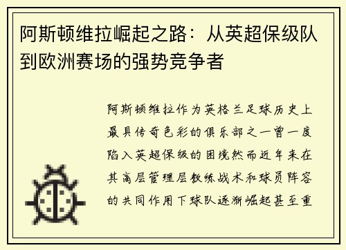 阿斯顿维拉崛起之路：从英超保级队到欧洲赛场的强势竞争者